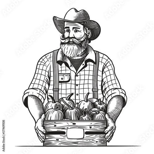 A good old farmer with a beard in a hat holds a box with an autumn harvest of pumpkins. Figure isolated on white background.