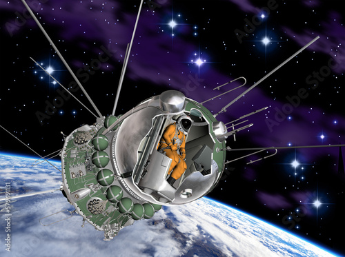 The first spaceship cutaway. 3D Illustration.