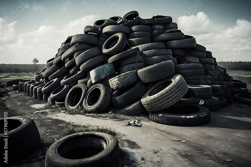 Big pile of used old car tires for recycling. Neural network AI generated art