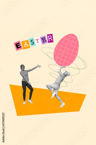 Creative banner poster picture collage of two people lady guy advertising huge painting easter eggs traditional surprise