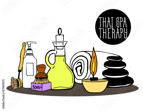set of various items needed for SPA or Thai massage. Thai spa therapy.  many of items - oil, brush for dry massage, clean bath towel, black hot stones, candles. Beautiful spa composition.