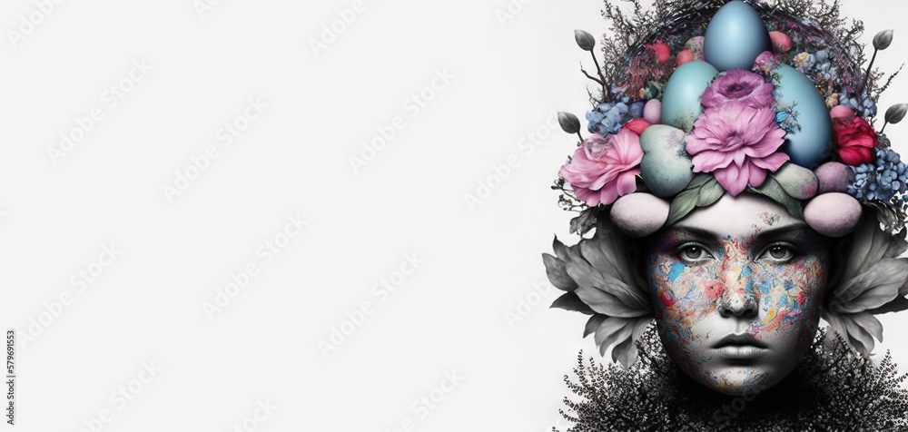 Close-up portrait of beautiful woman with stylish fashion outfit and makeup with unusual headdress made of flowers and colorful eggs with place for text or product with white background generative ai