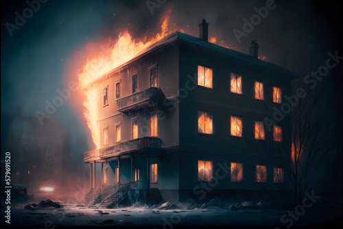 Multistorey residental or office building on fire. Neural network AI generated art photo