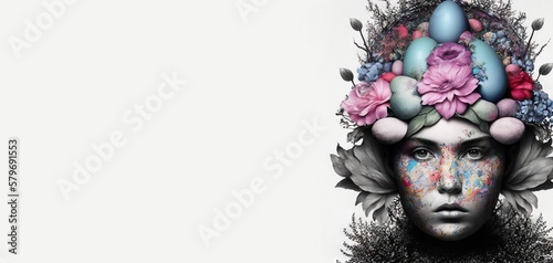 Close-up portrait of beautiful woman with stylish fashion outfit and makeup with unusual headdress made of flowers and colorful eggs with place for text or product with white background generative ai