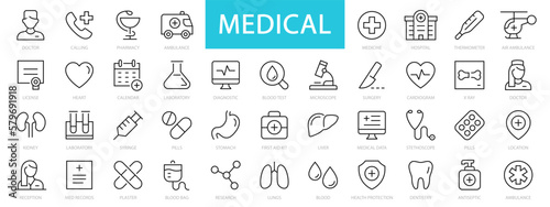 Medicine & Health thin line icons. Medical, Medicine, Health, Doctor editable stroke icon set. Vector illustration