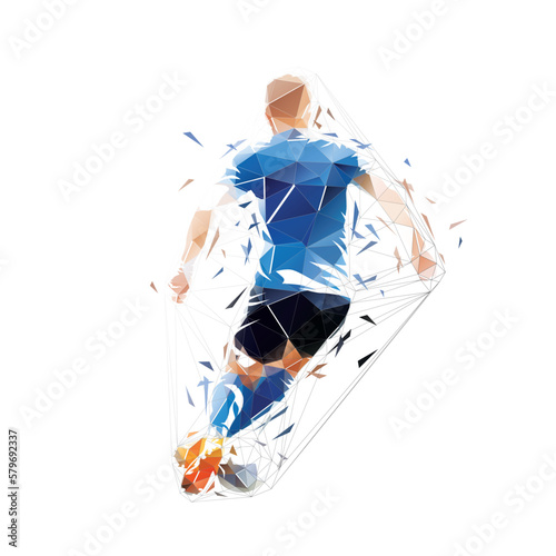 Football. Soccer player running with ball, isolated vector low polygonal illustration. Geometric drawing from triangles. Team sport athlete