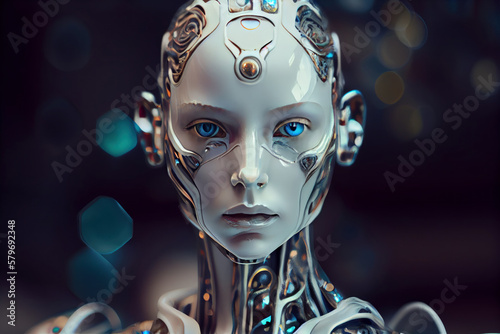 Futuristic AI Android robot. Beautiful female woman cyborg. Chat GPT Artificial Intelligence chatbot. Generative AI.