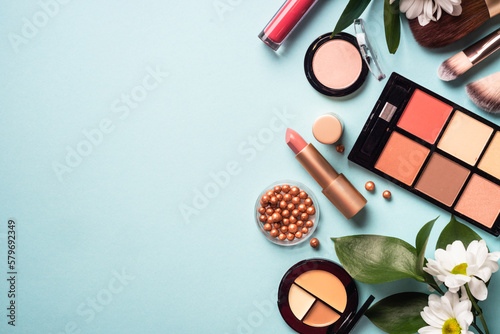 Canvas Print Make up products on blue background