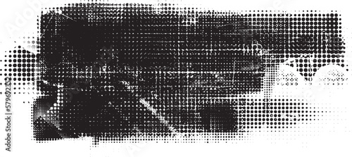 Glitch distorted grungy banner . Noise destroyed background . Trendy defect overlay texture . Glitched collage .Grunge textured . Distressed effect .Vector shape.  halftone dots . Screen print texture