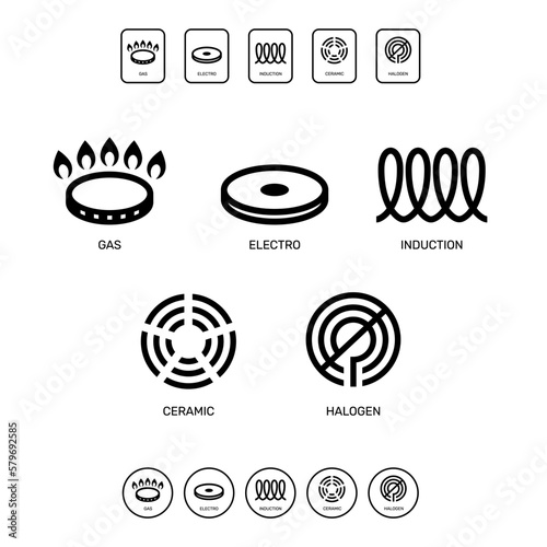 Line icon set gas, electro, induction, ceramic and halogen cooking.eps