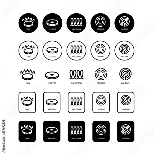 Line icon set gas, electro, induction, ceramic and halogen cooking.eps