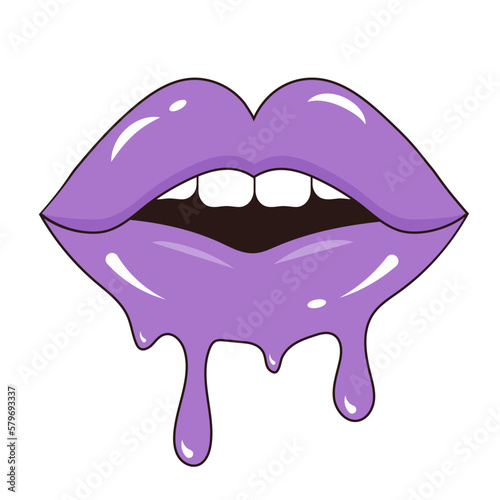 Melting glossy sexy half-opened lips. Mouth with teeth and dripping paint in pop art style.