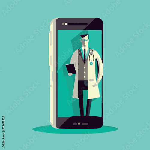 Doctor in a smartphone. Doctor on the phone, doctor online. Chat Doctor. Vector illustration. Icon.