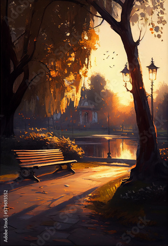 Beautiful old city park in the rays of sunset light and burning lights. AI generated