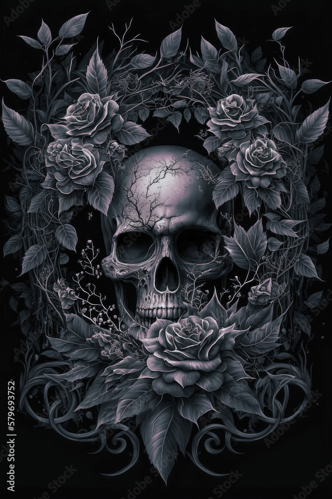 Gothic Skull with Black Roses Dark and Moody Artwork Skull PNG | AI Generated Gothic Skull with Black Roses Dark and Moody Artwork Skull PNG | AI Generated
