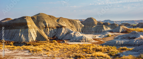 Panorama of the barren eroded badlands in the UNESCO World Heritage Site of Dinosaur Provincial Park, Alberta Canada
 photo