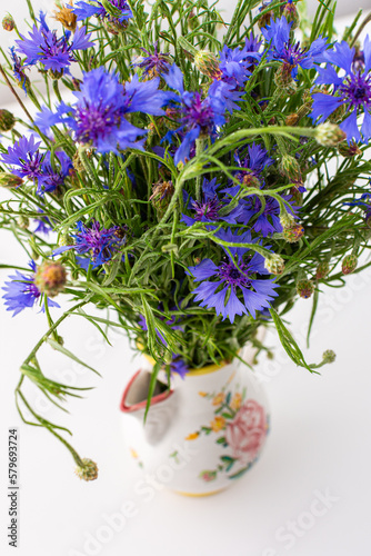 Beautiful summer Centaurea triumfettii flowers in a vase  part of home interior