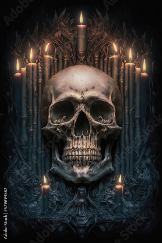Gothic Skull Surrounded by a Sea of Candles - Dark and Moody Artwork Skull PNG | AI Generated 