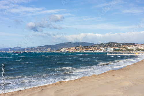 View of old town of Cannes with city beach and palais des festivals