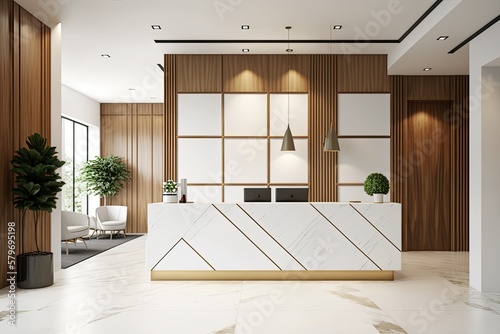 A luxury and contemporary lobby area with a reception counter in a white and wood style interior design. Generative AI illustration.