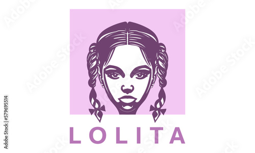 Vector pink logo. Portrait of a beautiful pleasant cute girl with pigtails and the inscription Lolita. White isolated background. Sticker, icon or emblem.