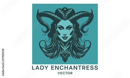 Vector logo, portrait of a beautiful pleasant lady enchantress with branched horns. Sticker, icon or emblem isolated on white background. Goddess sorceress.