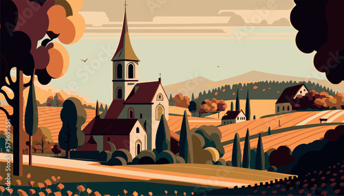 Vineyard in burgundy france. Wine tasting. Famous grapes, vector art. Illustration of bordeaux scenery. Nature, peaceful winery. Delicious french wines. Harvest of grapes for cabernet red wine. 