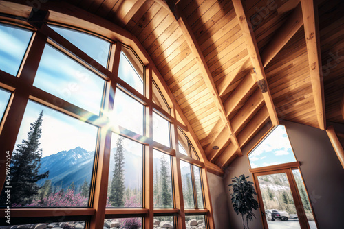 Chalet wooden roof interior. Snowy mountain and blue sky view out of windows. Sunny day in Winter. Generative AI © Rawf8