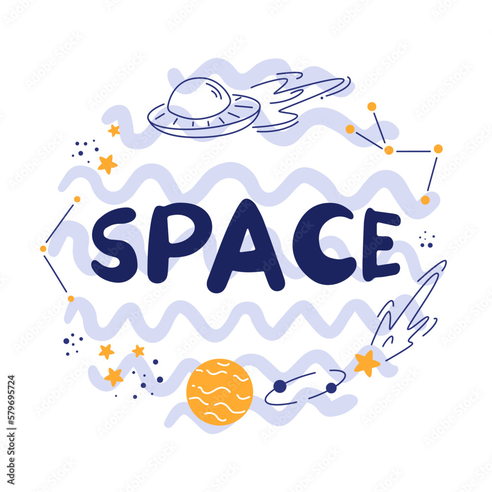 Ready-made banner with the inscription space and a set of space elements, planets, stars, constellations, a flying saucer. Сhildren's illustrations on a space theme, spaceships Ready-made banner with the inscription space and a set of space elements, planets, stars, constellations, a flying saucer. Сhildren's illustrations on a space theme, spaceships