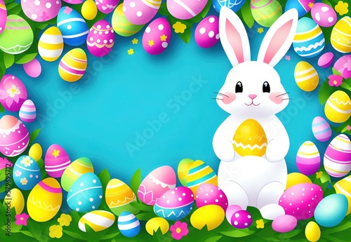Happy Easter day, Colorful eggs and a bunny, drawing style 8k photo
