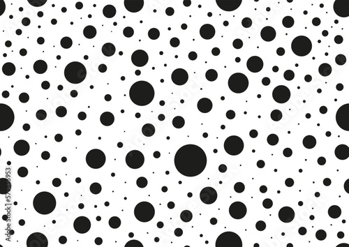 Black polka dot circular random seamless pattern on white background. Absract design circle shapes black spot print on white backdrop. Simple speckle endless texture.
