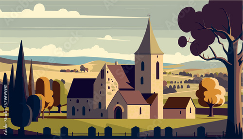 Vineyard in burgundy france. Wine tasting. Famous grapes, vector art. Illustration of bordeaux scenery. Nature, peaceful winery. Delicious french wines. Harvest of grapes for cabernet red wine. 