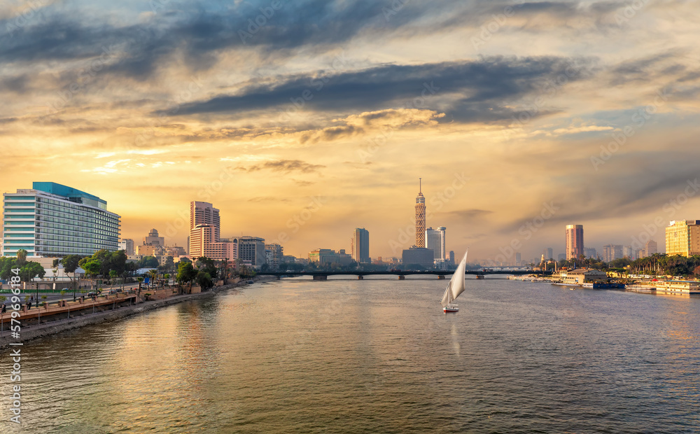 Cairo downtown, the bridge over the Nile with the Tower and fashionable hotels, Egypt