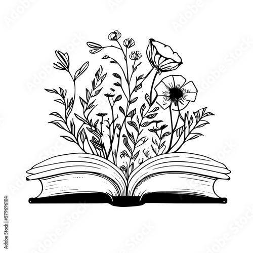 Book with flowers line art vector icon, isolated floral clipart. Open storybook and wildflowers boho decorative composition, black and white spring or summer bouquet Minimal illustration drawing