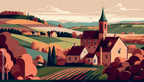 Vineyard in burgundy france. Wine tasting. Famous grapes, vector art. Illustration of bordeaux scenery. Nature, peaceful winery. Delicious french wines. Harvest of grapes for cabernet red wine. 