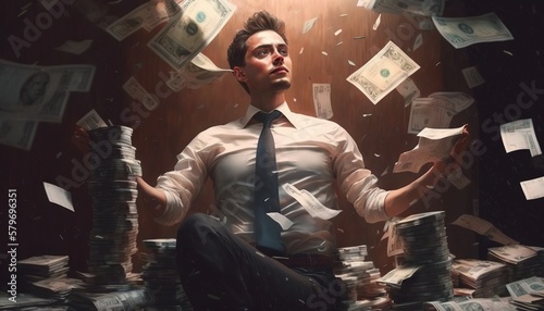 a handsome rich business man with a lot of banknotes is sitting in the office and money is flying around with colorful illustration generative ai