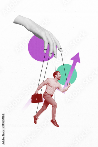 Creative collage photo of young businessman entrepreneur success career growth graphic exploitation his perspective doll isolated on white background