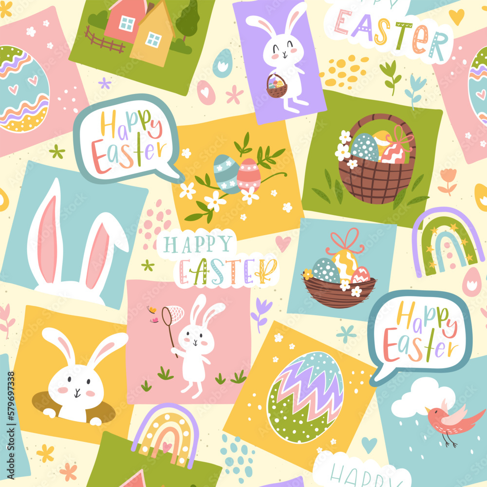 Cute hand drawn Easter seamless pattern with bunnies, flowers, easter eggs, beautiful colorful background, great for Easter Cards, banner, textiles, wallpapers - vector design