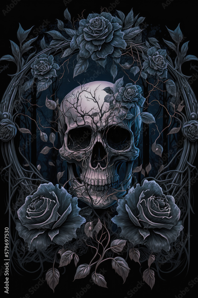 Gothic Skull with Black Roses Dark and Moody Artwork Skull PNG | AI Generated Gothic Skull with Black Roses Dark and Moody Artwork Skull PNG | AI Generated