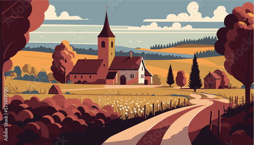 Vineyard in burgundy france. Wine tasting. Famous grapes, vector art. Illustration of bordeaux scenery. Nature, peaceful winery. Delicious french wines. Harvest of grapes for cabernet red wine. 