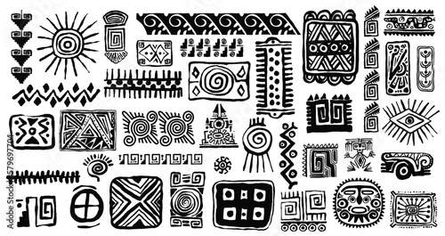 Set of Mexican gods symbols. Abstract aztec animal bird totem idols, ancient inca maya civilization primitive traditional signs. Vector ornament of native americans, aztecs, maya, incas. photo