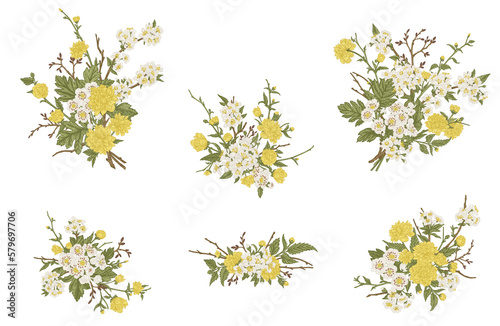 Set with flower bouquets, Isolated on transparent background. Vintage illustration. Flower arrangements with cherry, Japanese kerria and hawthorn. © Lisla