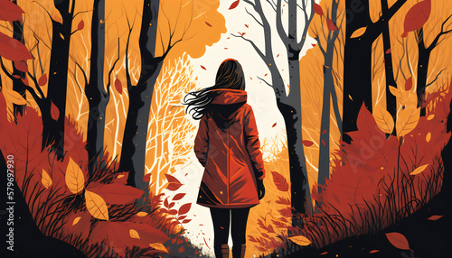 Tranquility in the Woods: Vector Illustration of a Young Girl in the Autumn Forest, Generative AI