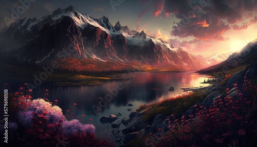 beautiful landscape of blossom nature with shore and reflection in the water fairy world of the earth horizontal format colorful background wild land view illustration generative ai