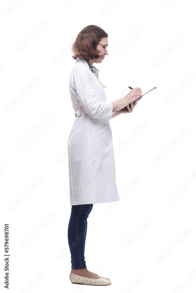 Mature female doctor with clipboard. isolated on a white Mature female doctor with clipboard. isolated on a white