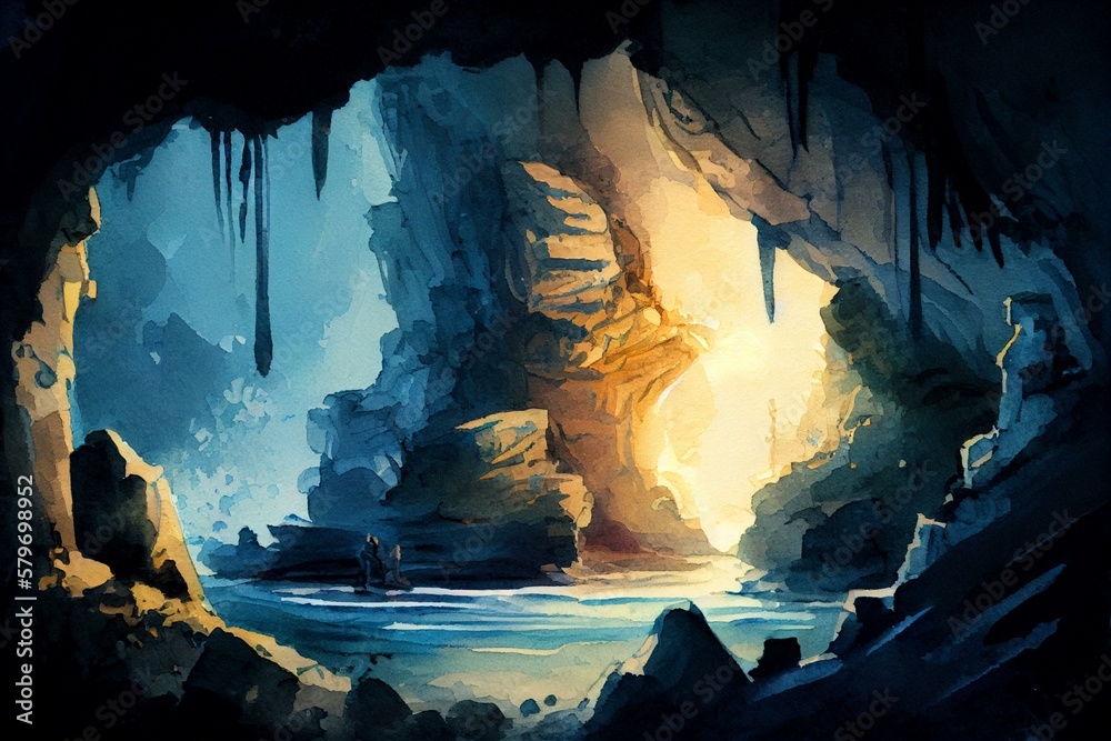 Underwater caves and grottoes, watercolour style. Generative AI