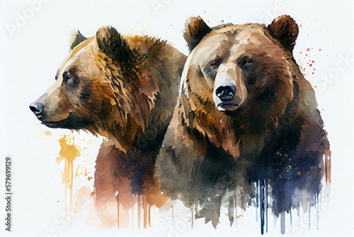 Grizzly bears, watercolour style. Generative AI
