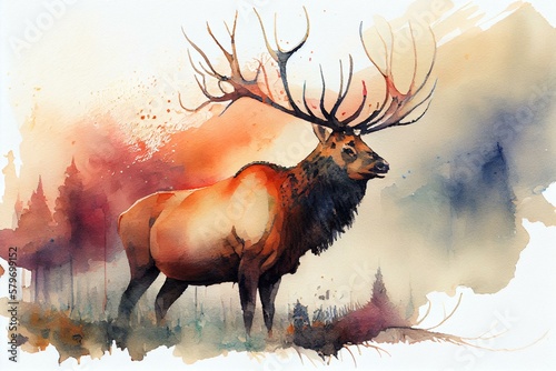 Majestic elk, watercolour style. Generative AI