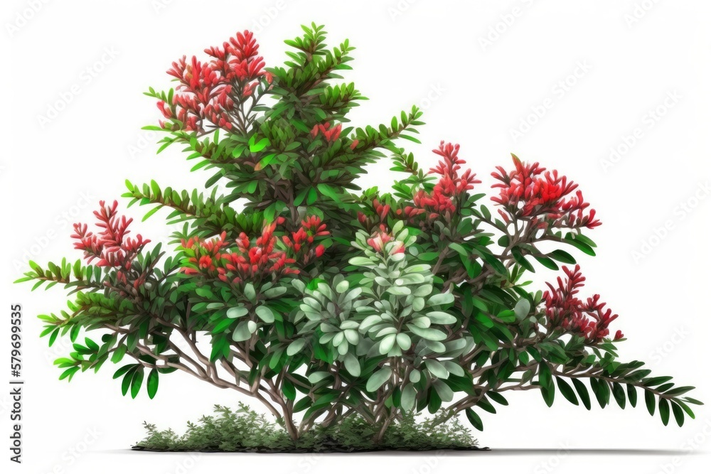 a green bush plant with red flowers isolated on white background. generative ai flower bokeh illustration 