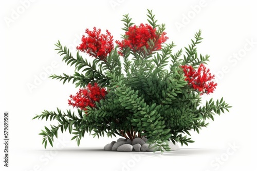 a green bush plant with red flowers isolated on white background. generative ai  illustration 